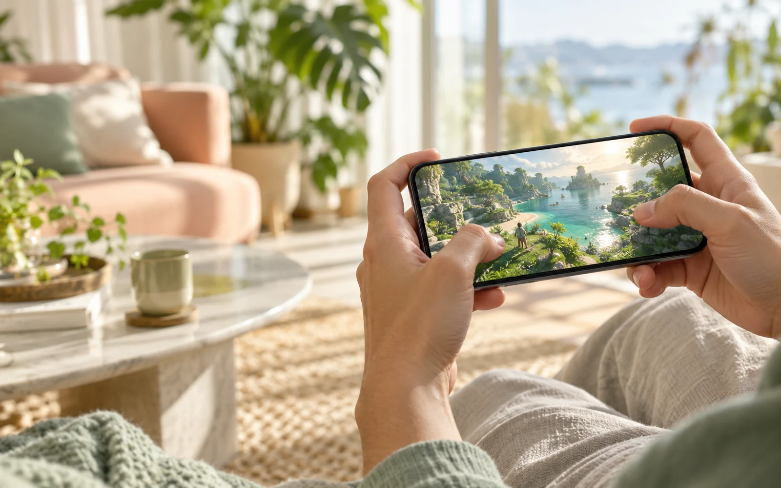 明亮客厅里双手握持手机游玩的日常场景
